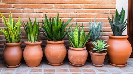 Various potted succulents and cacti arranged outdoors against a brick wall