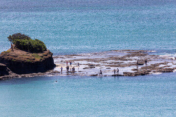 Visitors enjoy exploring the rocky tidal area and swimming in the clear blue ocean water on a sunny...