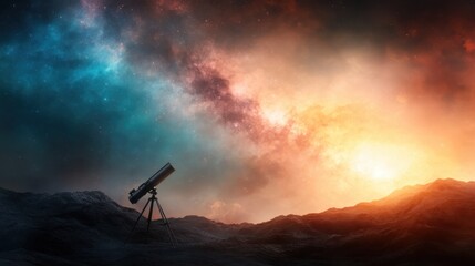 A mesmerizing scene featuring a telescope overlooking a cosmic landscape filled with vibrant stars and nebulae, inviting viewers to explore the mysteries of the universe.