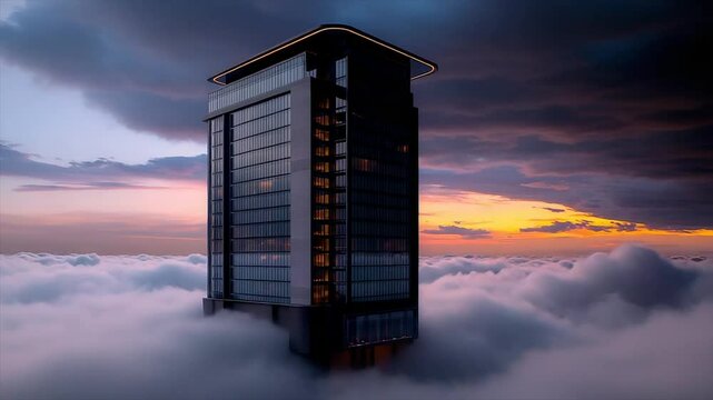 Skycraper above the Clouds at Sunset