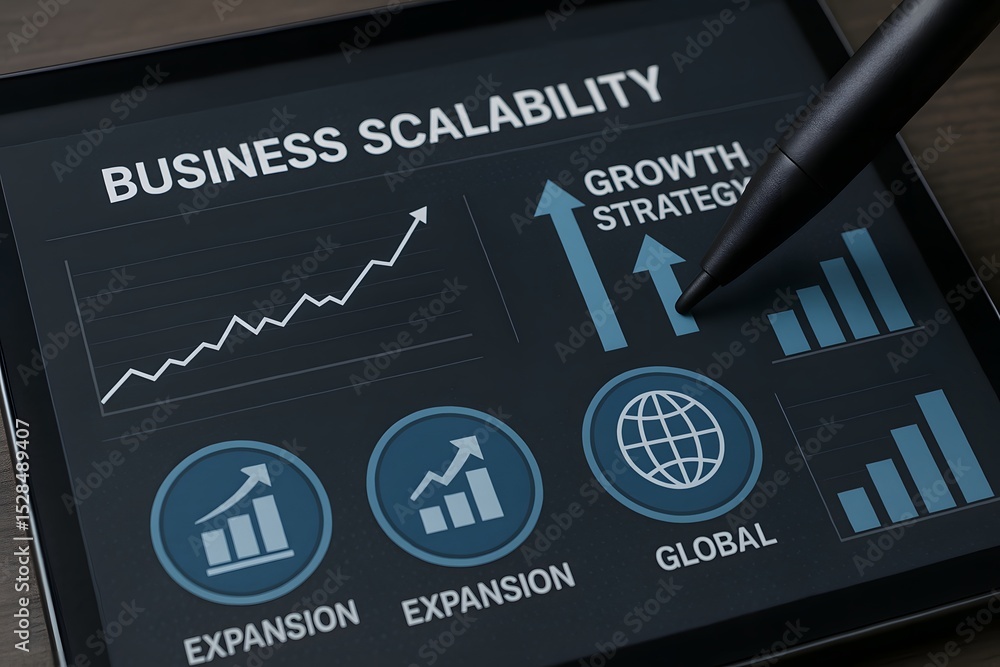 Poster digital tablet displaying business scalability dashboard with growth strategy chart. concept of comp
