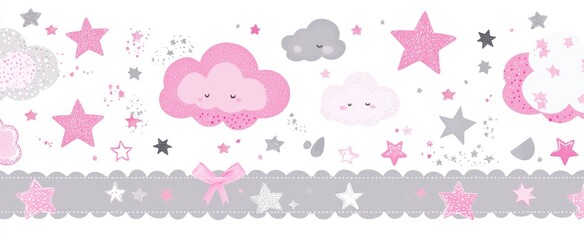 Fototapeta premium A whimsical border featuring pink and grey clouds, stars, and a scalloped ribbon design