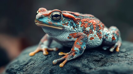 Vibrant colorful toad perched on dark rock.