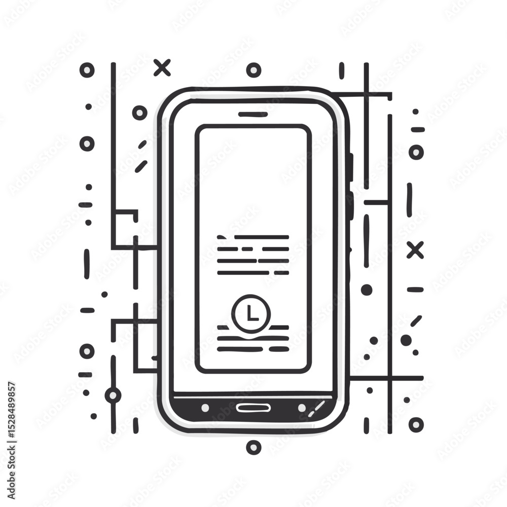 Poster a stylized drawing of a smartphone with abstract decorative elements around it