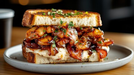 A mouthwatering gourmet sandwich overflowing with delicious toppings and flavors, beautifully presented to tantalize the senses and celebrate culinary creativity.