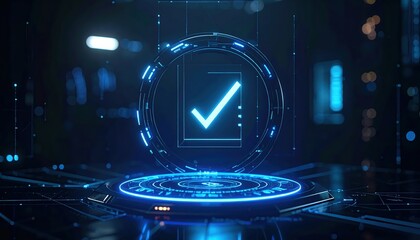 Futuristic digital checkmark icon with glowing blue elements representing technology verification and secure digital authentication in a high-tech environment