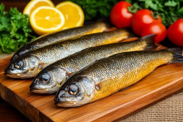 Freshly caught fish with lemon and vegetables on a wooden cutting board for cooking