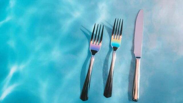 Silver utensils on textured blue surface overhead view