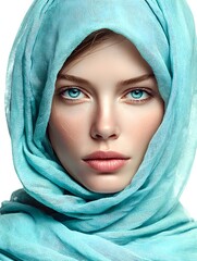 Fototapeta premium Portrait of a beautiful young woman with striking blue eyes wea a light blue hijab in soft lighting.