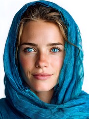Fototapeta premium A fair skinned woman with striking blue eyes wears a turquoise headscarf in a soft studio light portrait.