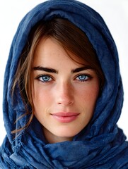 Fototapeta premium A beautiful woman with striking blue eyes and a blue headscarf smiles softly against a white background today.
