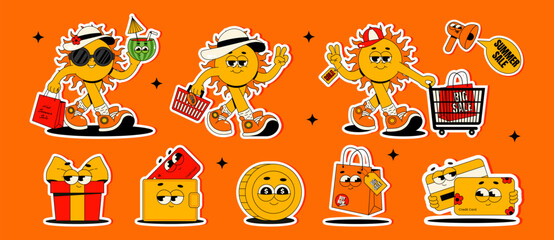 Obraz premium Summer sale sticker set. Retro groovy characters sun, gift box, shopping bag, plastic cards and more. Collection elements for store sale, promotion or social media posts. Vector illustration