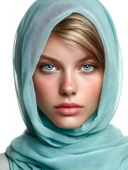 Naklejka premium A beautiful woman with blue eyes wears a light teal headscarf against a clean white background portrait.