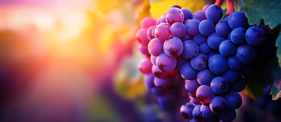 Close-up Vibrant Grapes Hanging on Vine with Warm Sunset Hues Background