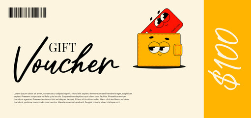 Gift voucher card, coupon promotion, certificate, ticket template, discount, sale banner. Vector illustration with funky groovy character wallet and bank plastic card