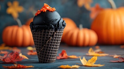 Whimsical fall treat: Dark ice cream cone with pumpkins and autumn leaves