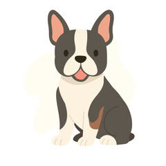 Fototapeta premium A cheerful Boston Terrier is sitting, displaying its distinctive facial markings and joyful demeanor. This playful dog exudes warmth and friendliness.