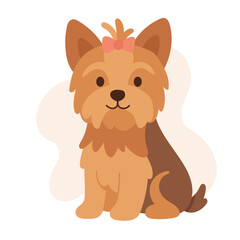 Fototapeta premium This adorable Yorkshire Terrier is illustrated with soft colors, showcasing its characteristic fur and a cute bow. The dog sits comfortably, exuding charm and playfulness.