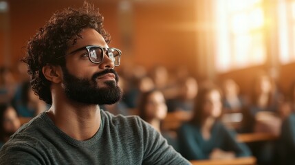 A focused man with glasses listens intently during a lecture, embodying the pursuit of knowledge and intellectual engagement in a warm, educational atmosphere.