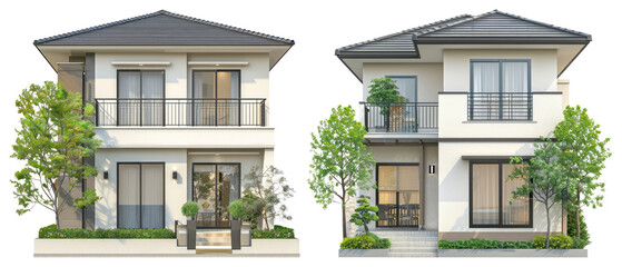 PNG Modern two-story residential architecture, element set on transparent background