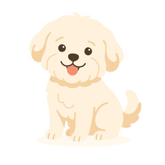A maltese dog with fluffy white fur and a joyful expression sits happily. Its round eyes and wagging tail convey a friendly and affectionate demeanor.