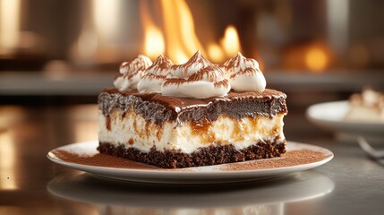 Delicious Chocolate Tiramisu Cake Slice with Whipped Cream Topping Display