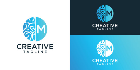 Brain Logo, combination of brain and initial letter M, flat design logo template, vector illustration