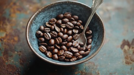 Fragrant arabica coffee beans in a rustic blue bowl with a silver spoon
