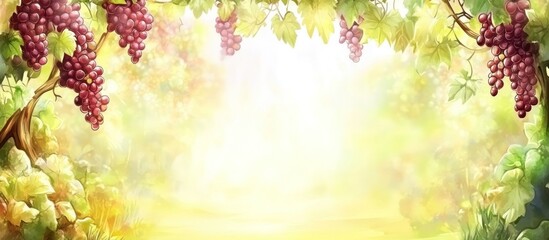 Illustration of luscious grapes hanging from vines in a sun-drenched vineyard setting