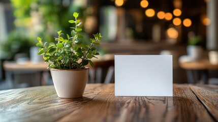 Plant pot beside blank card on wooden table, restaurant interior background