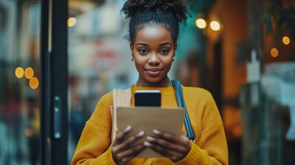 Urban connection: stylish woman navigates city life with technology in hand