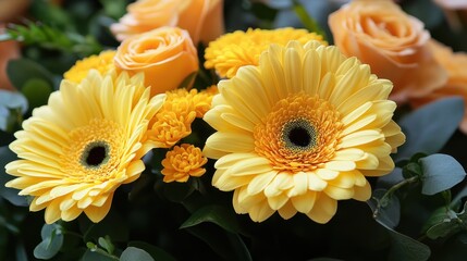 Radiant arrangement of yellow gerberas and pastel peach roses bouquet