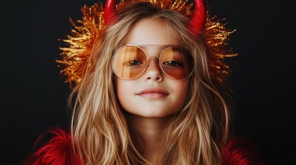 Fototapeta premium A playful portrait of a girl wearing striking devil horns and retro sunglasses, exuding a mischievous charm and a hint of rebellion against a dark backdrop.