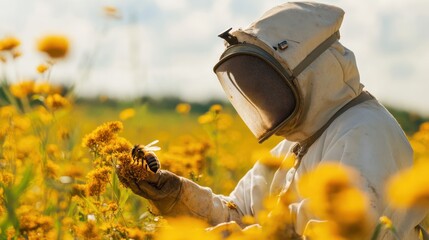 Beekeeper tending to a bee on yellow goldenrod flowers in a sunlit field