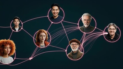 People with diverse ethnicity connected by social network lines. Global business, teamwork, human resources concept. Digital animation. - Powered by Adobe