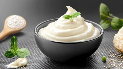Creamy delight: Bowl of rich dressing complemented by fresh basil garnish