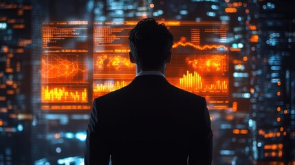 Silhouette of a Business Leader Analyzing Global Data in a Futuristic Cityscape