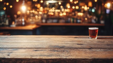 Rustic Wooden Bar Top with Amber Beer and Soft Lighting Backdrop in Pub