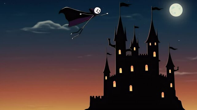 Cartoon vampire flying towards a fantasy castle