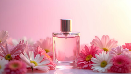 Pink Perfume Bottle with Daisies on Pastel Background