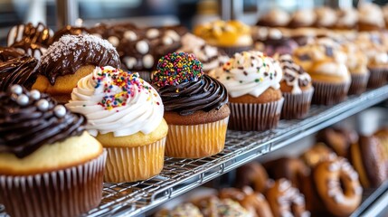 A vivid display of beautifully decorated cupcakes showcasing various flavors and toppings, capturing the essence of indulgence in a bakery setting full of sweet treats.