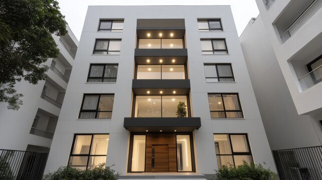 Fototapeta Modern Architectural Design: Luxurious Townhouse Exterior at Night. The building's contemporary facade, featuring sleek lines, large windows, and stylish lighting, creates an elega