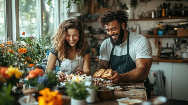 A joyful couple cooking together in a sunlit kitchen filled with plants and flowers, capturing the love, connection, and joy found in shared culinary experiences.