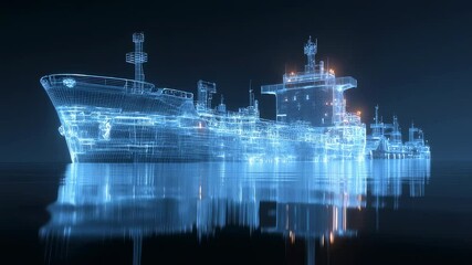 Futuristic blue wireframe cargo vessel navigating dark oceanic surface with digital holographic reflection, representing maritime technological innovation and global logistics - Powered by Adobe