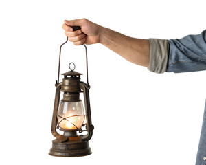 Man holding vintage oil lantern isolated on a white background png ai generated