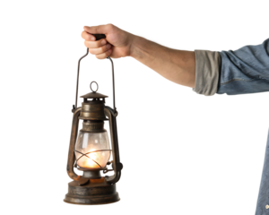 Man holding vintage oil lantern isolated on a white background png ai generated
