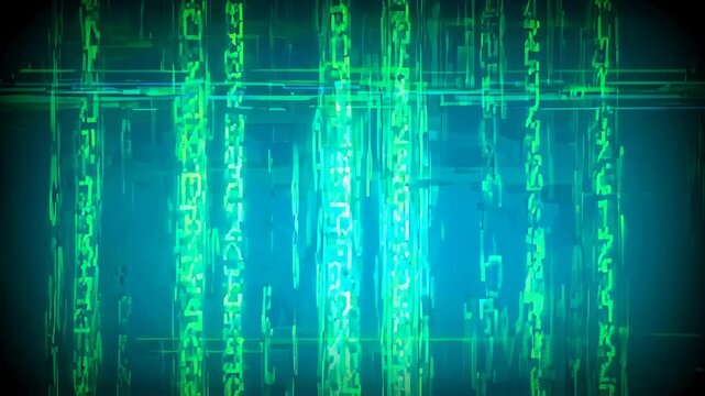 Dynamic Vertical Code Rain with Electric Blue and Green Trails over Matte Digital Background
