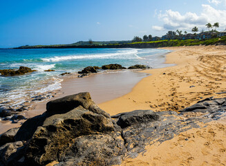 Volcanic Rocks on Ironwood Beach and Oneloa Bay, Kapalua Coastal Trail, Kapalua, Maui, Hawaii, USA