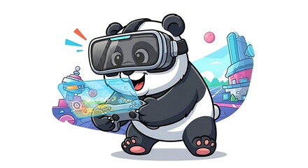 Cartoon panda wearing VR headset, playing a video game. Tech-savvy and modern gaming character on white background.