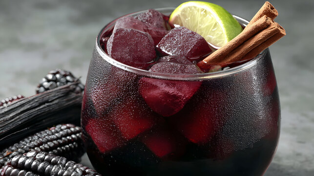 chicha morada with purple corn, cinnamon sticks, and lime on a light stone surface